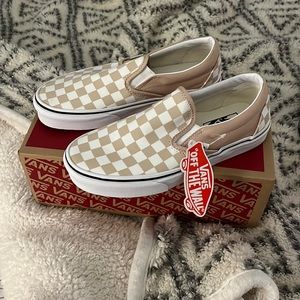 Checkered vans tan and white